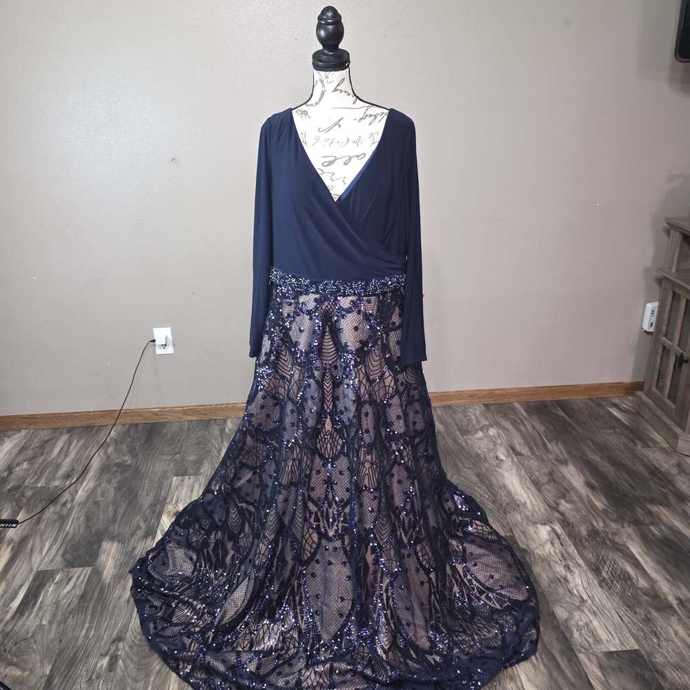 Mac Duggal Navy Sequin Long Sleeve Gown